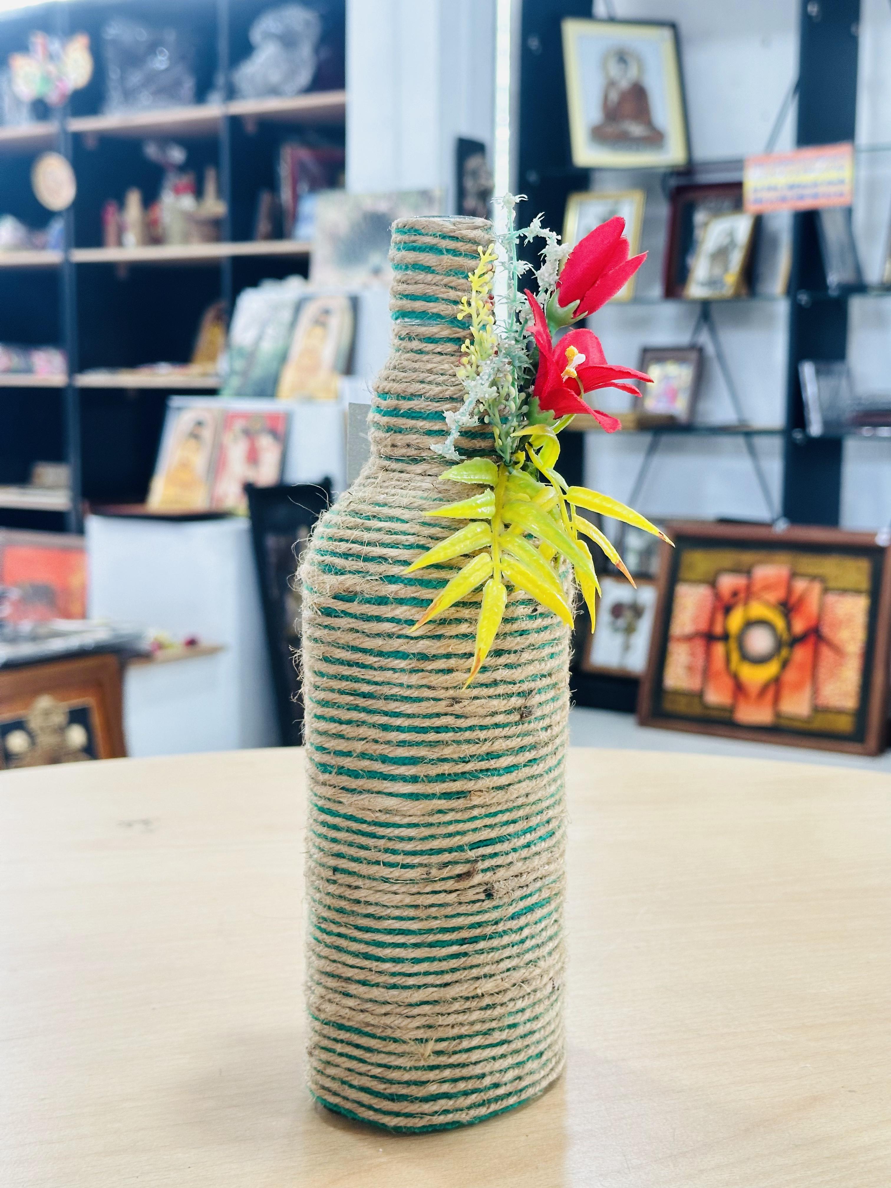 Handmade Decorative Glass Wine Bottle Flower Vase Twine Wrapped