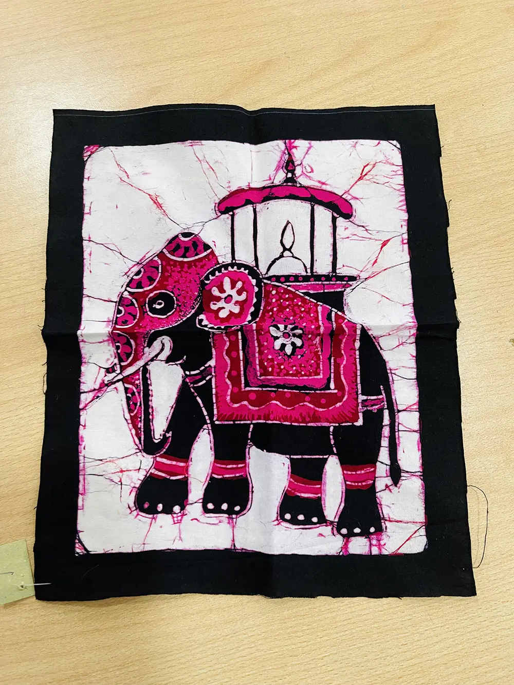 Elephant with a Karanduwa Fabric Art Decor  10"x13" Pink & Black Colour