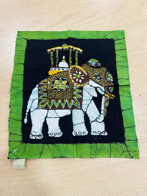 Elephant with a Karanduwa Fabric Art Decor  10"x13" Green Colour